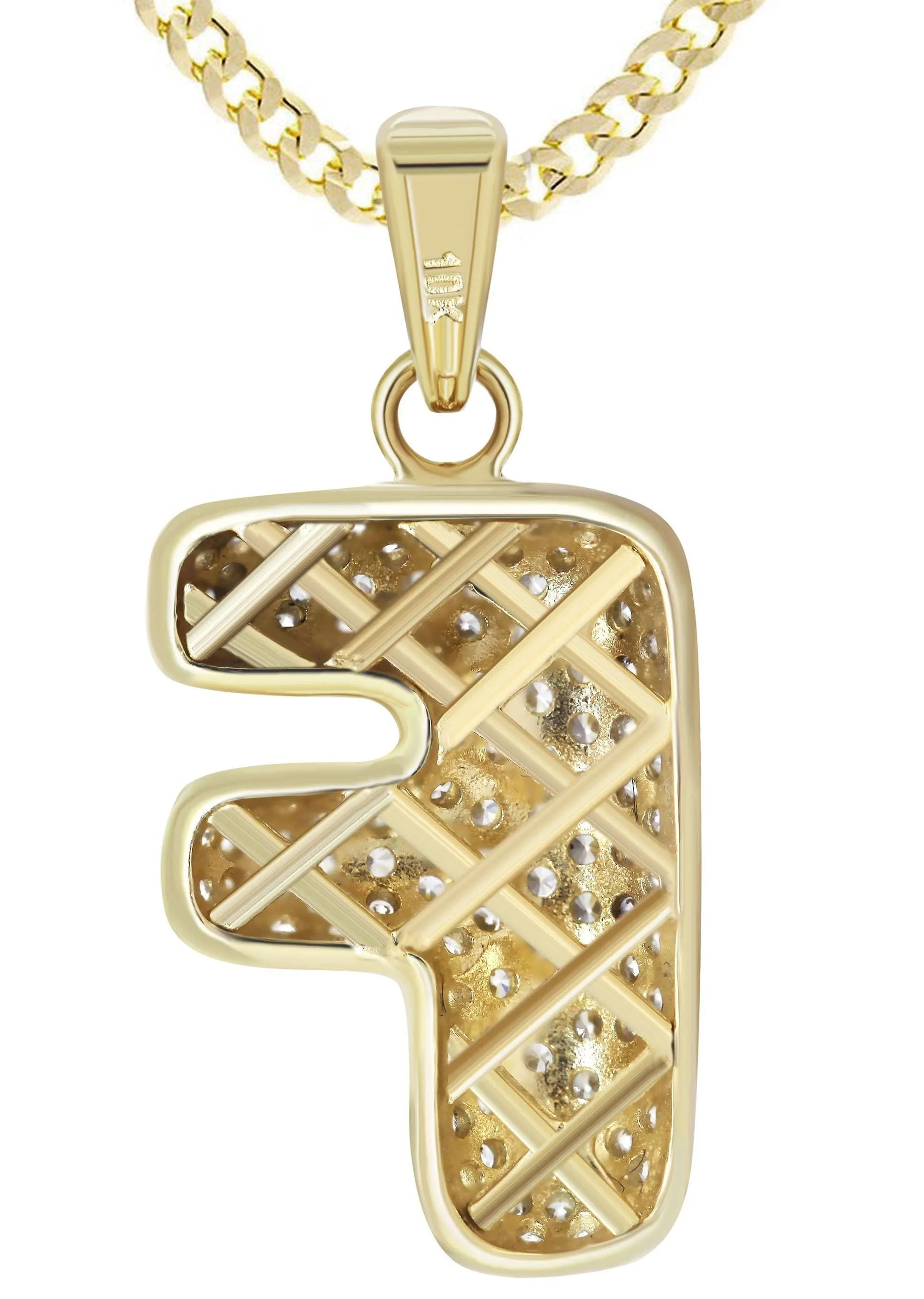 10K Yellow Gold Bubble Letter "F" CZ Necklace | Appx. 4.1 Grams