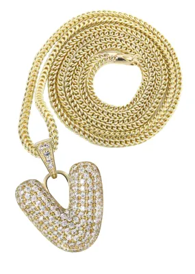 10K Yellow Gold Bubble Letter "V" CZ Necklace | Appx. 13.1 Grams