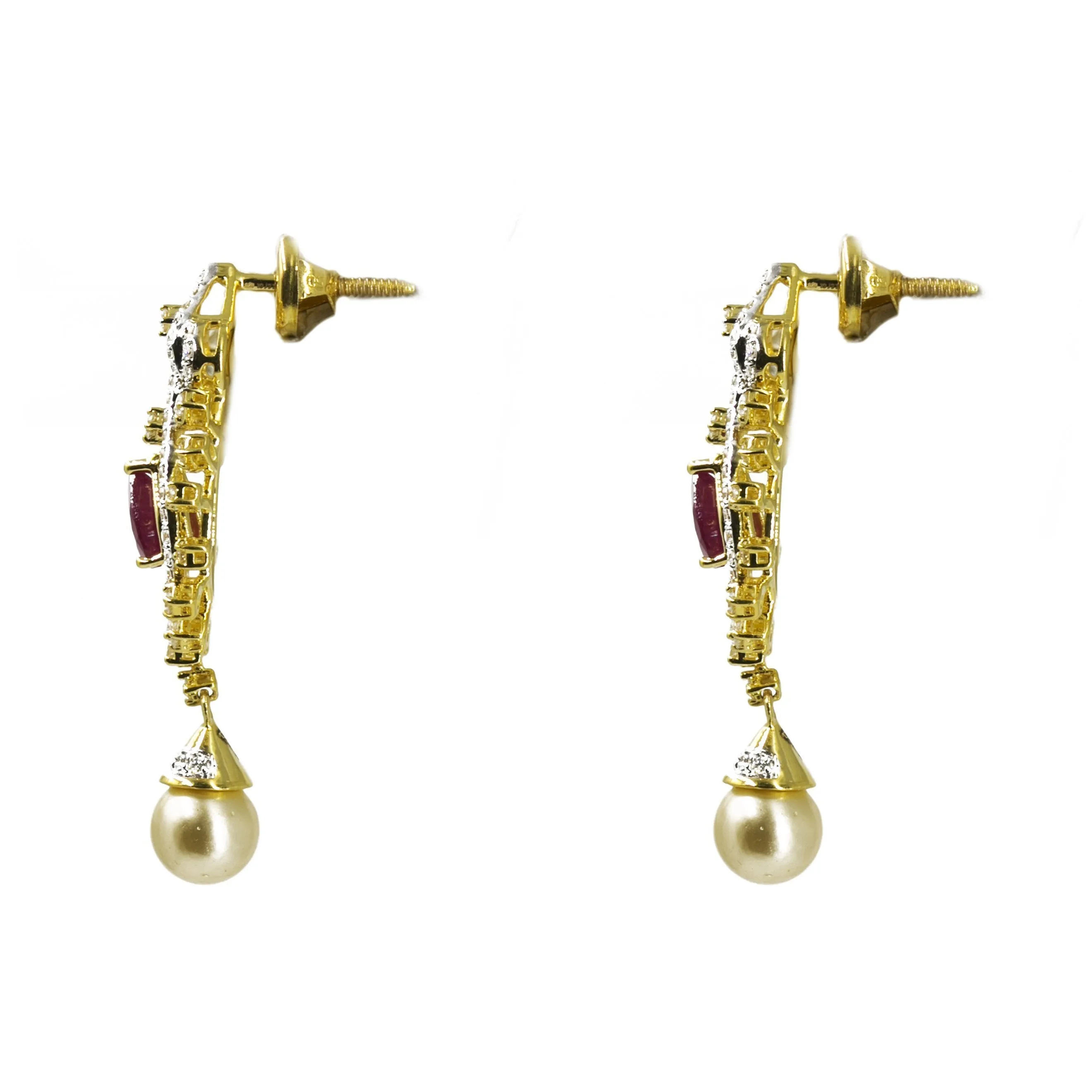 18K Multi Tone Gold Diamond Earrings & Necklace Set W/ VVS Diamonds, Rubies, South Sea Pearl & Pear Shaped Pendant