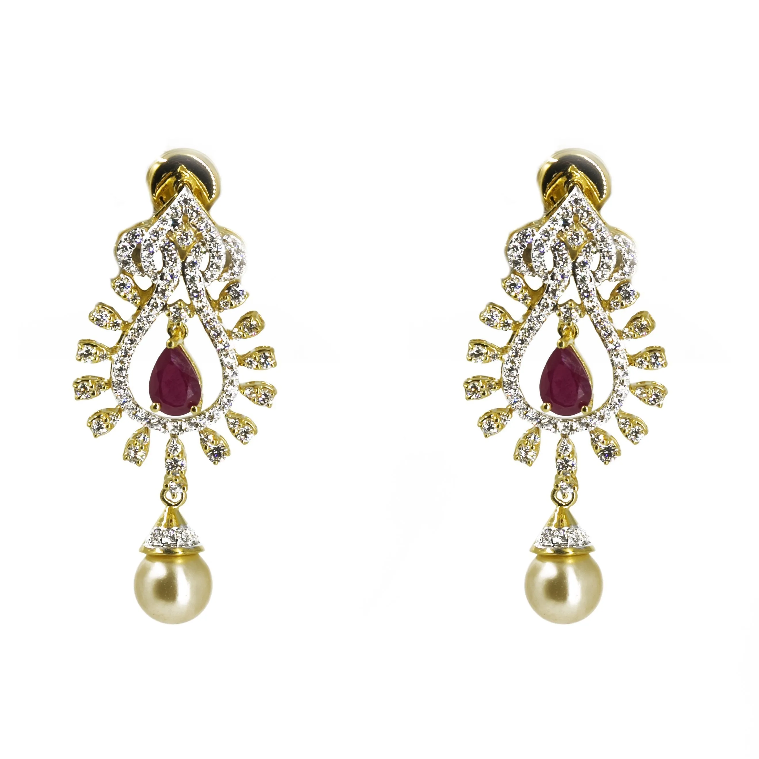 18K Multi Tone Gold Diamond Earrings & Necklace Set W/ VVS Diamonds, Rubies, South Sea Pearl & Pear Shaped Pendant