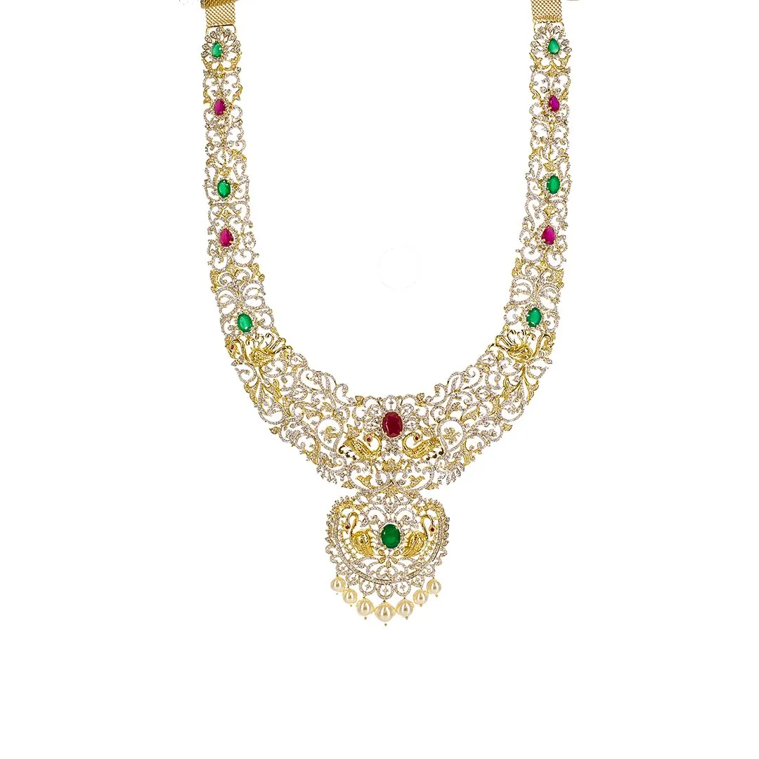 18K Yellow Gold Diamond Necklace & Earrings Set W/ 24.19ct VVS Diamonds, Rubies, Emeralds & Pearls