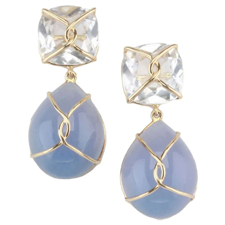 18kt Yellow gold Wrapped Drop Earrings with Rock Crystal and Blue Topaz