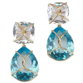 18kt Yellow gold Wrapped Drop Earrings with Rock Crystal and Blue Topaz