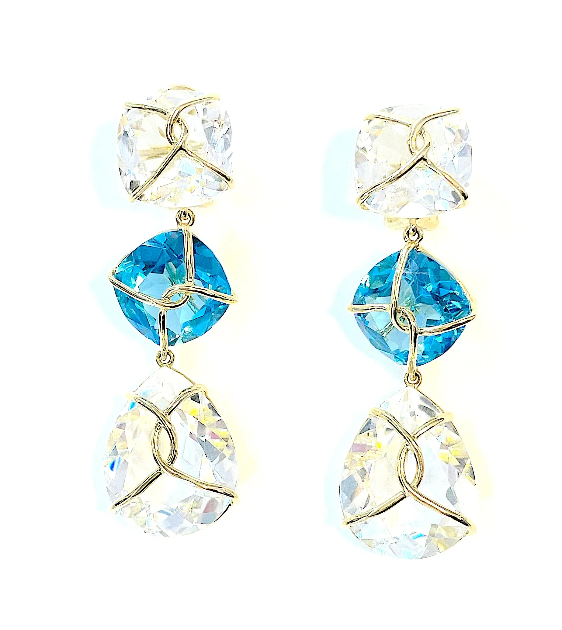 18kt Yellow gold Wrapped Drop Earrings with Rock Crystal and Blue Topaz