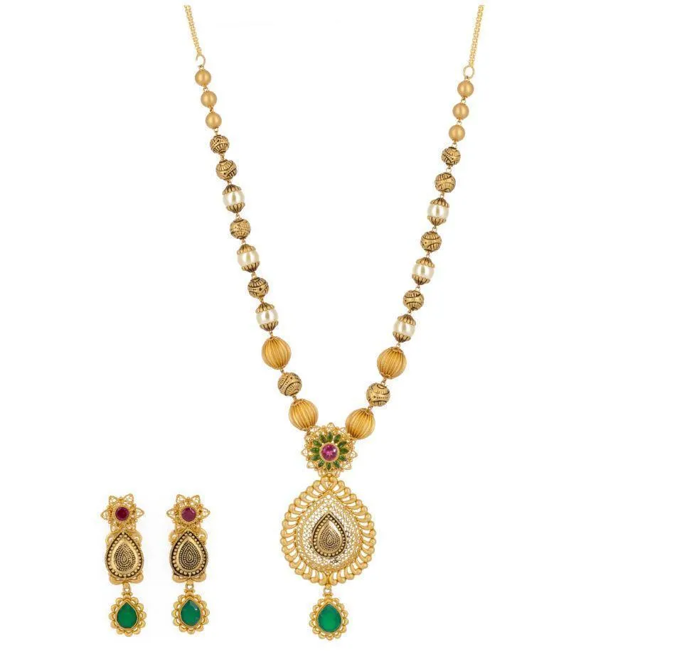 22k Antique Gold Teardrop Pendant Necklace & Earrings Set W/ Ruby, Emerald, & Pearl