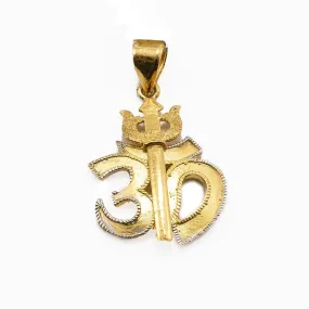 22K Multi Tone Gold Om Pendant W/ Trishula Symbol & Artisanal Edges