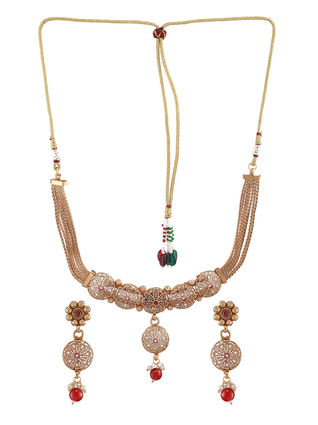 24K Gold-Plated Ruby Studded Handcrafted Filigree Jewellery Set