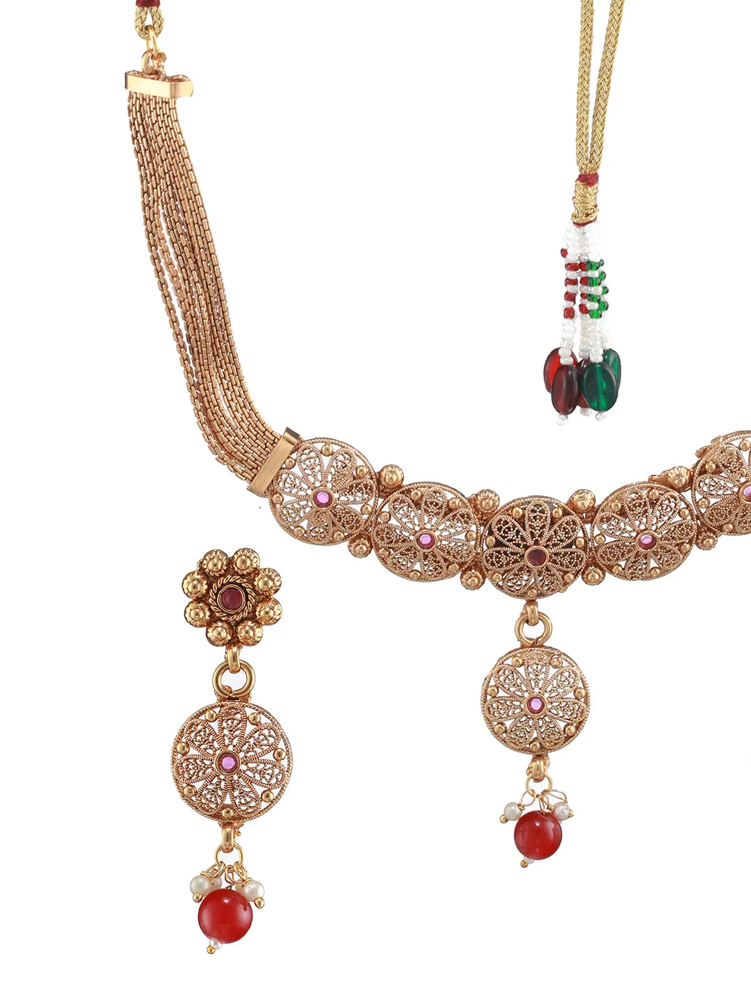 24K Gold-Plated Ruby Studded Handcrafted Filigree Jewellery Set