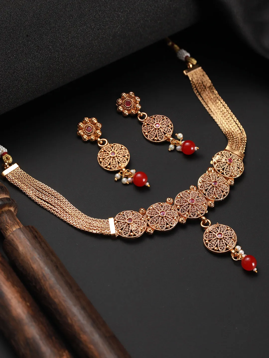 24K Gold-Plated Ruby Studded Handcrafted Filigree Jewellery Set