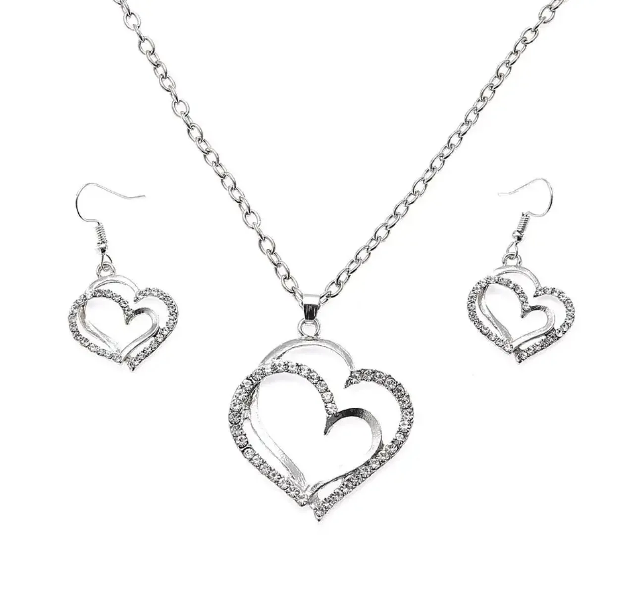 3 Pcs Set Heart Shaped Jewelry Set Of Earrings Pendant Necklace For Women Exquisite Fashion Rhinestone Double Heart Jewelry Set