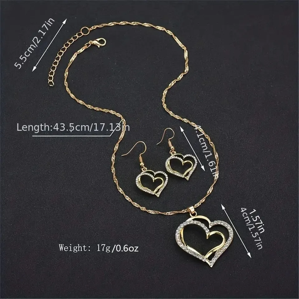 3 Pcs Set Heart Shaped Jewelry Set Of Earrings Pendant Necklace For Women Exquisite Fashion Rhinestone Double Heart Jewelry Set