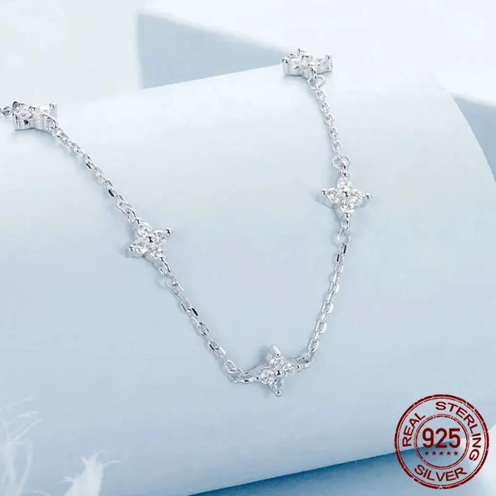 925 Sterling Silver Dainty Stars Necklace for Women, Four-Leaf Clover CZ Choker Chain Necklace Trendy Jewelry Gift