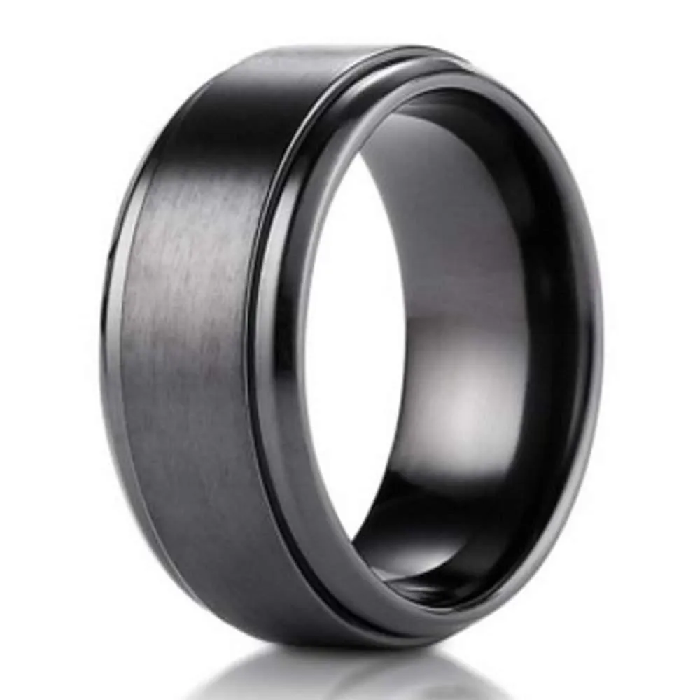 9mm Black Titanium Benchmark Men's Wedding Ring With Stair Step Edges