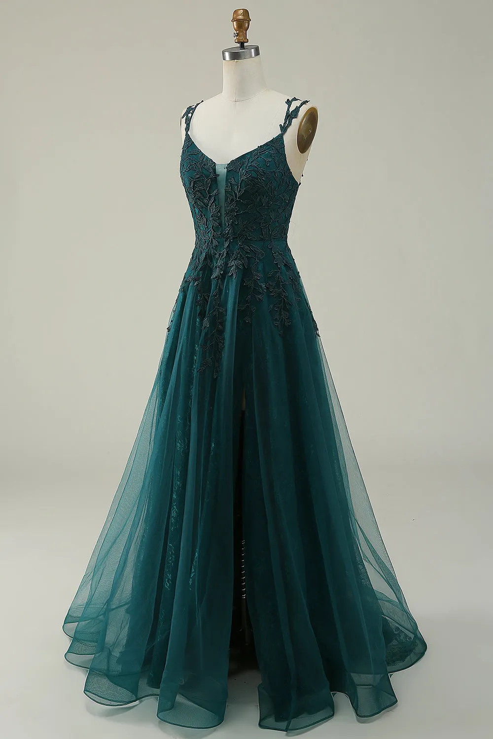 A Line Spaghetti Straps Dark Green Long Prom Dress with Appliques