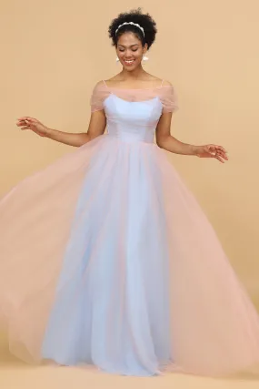 A Line Spaghetti Straps Pink&Blue Tulle Long Bridesmaid Dress