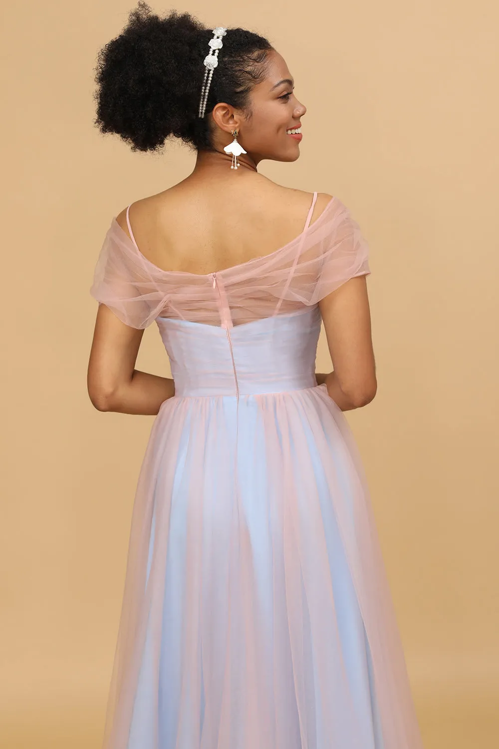 A Line Spaghetti Straps Pink&Blue Tulle Long Bridesmaid Dress