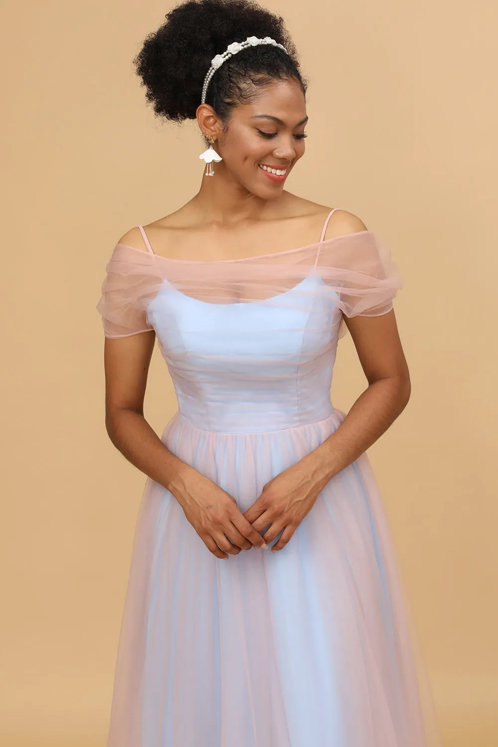 A Line Spaghetti Straps Pink&Blue Tulle Long Bridesmaid Dress