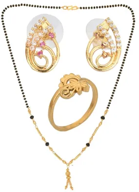 AanyaCentric Gold-plated Jewelry Combo: Elegant Short Mangalsutra, Finger Ring, and American Diamond Earrings Set