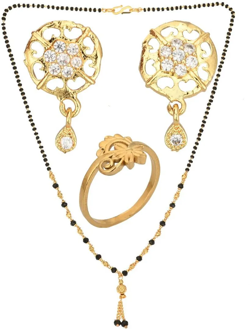 AanyaCentric Gold-plated Jewelry Combo: Elegant Short Mangalsutra, Finger Ring, and American Diamond Earrings Set