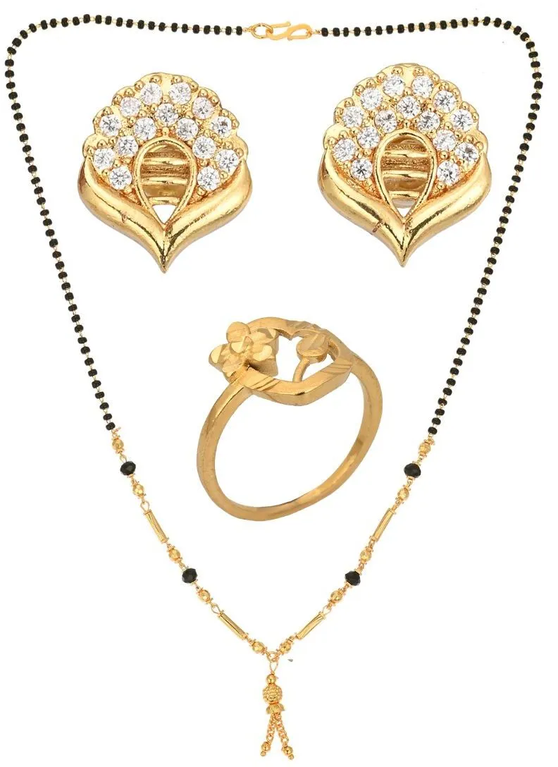 AanyaCentric Gold-plated Jewelry Combo: Elegant Short Mangalsutra, Finger Ring, and American Diamond Earrings Set