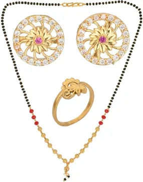 AanyaCentric Gold-plated Jewelry Combo: Elegant Short Mangalsutra, Finger Ring, and American Diamond Earrings Set