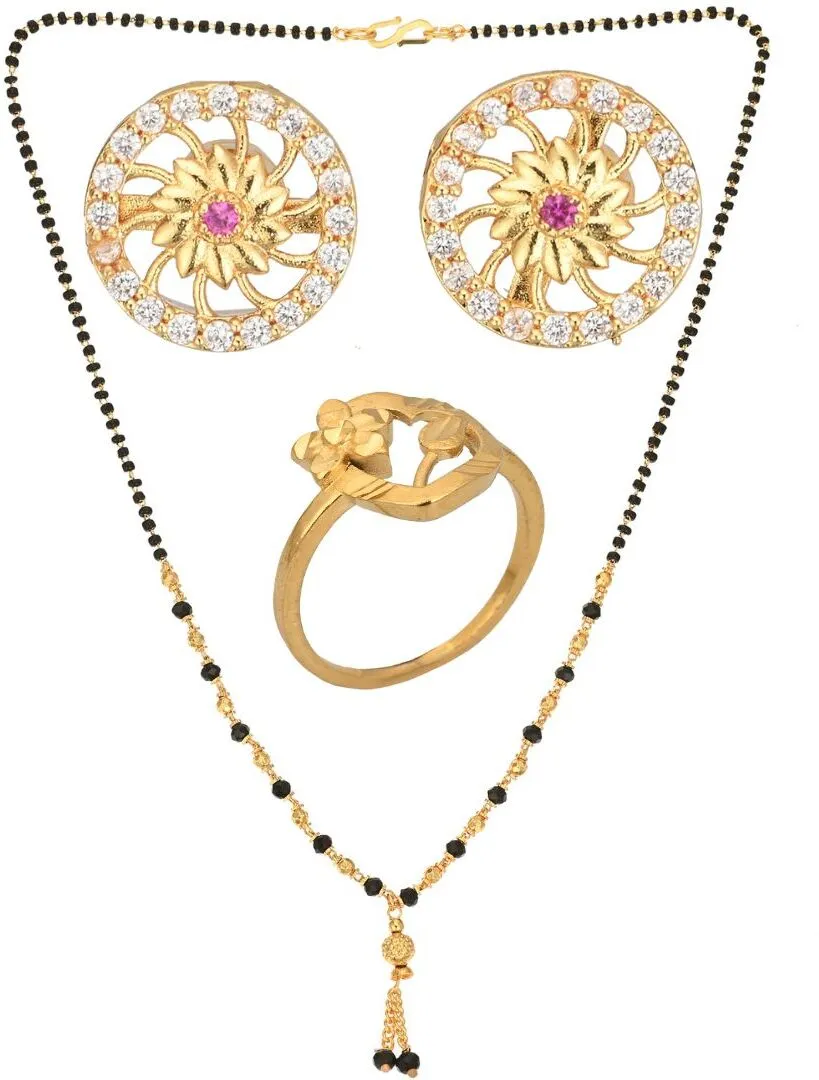 AanyaCentric Gold-plated Jewelry Combo: Elegant Short Mangalsutra, Finger Ring, and American Diamond Earrings Set