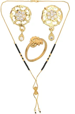 AanyaCentric Gold-plated Jewelry Combo: Elegant Short Mangalsutra, Finger Ring, and American Diamond Earrings Set