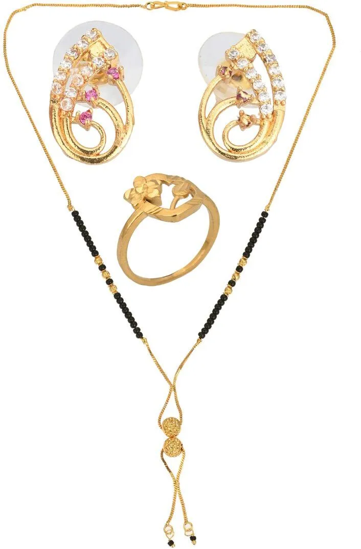 AanyaCentric Gold-plated Jewelry Combo: Elegant Short Mangalsutra, Finger Ring, and American Diamond Earrings Set