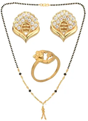 AanyaCentric Gold-plated Jewelry Combo: Elegant Short Mangalsutra, Finger Ring, and American Diamond Earrings Set