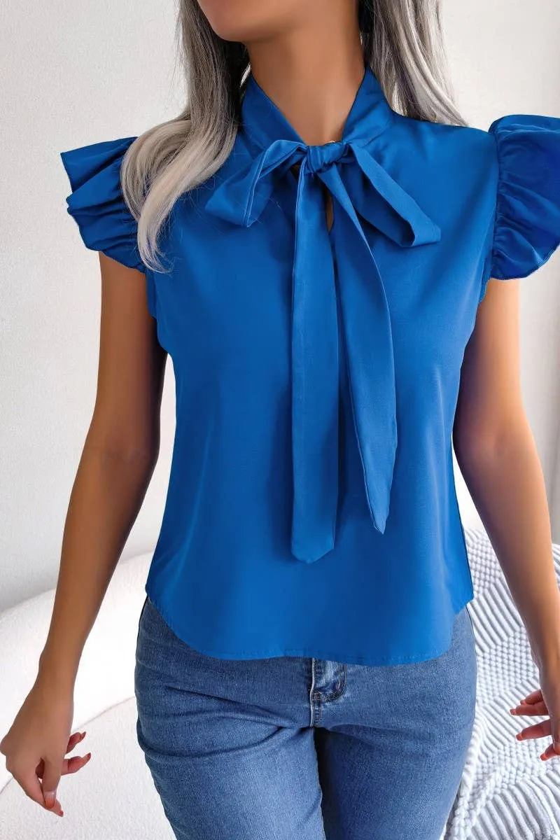 AGARIC EDGE TIE BOW CHIFFON BLOUSE_CWTSTSL0033