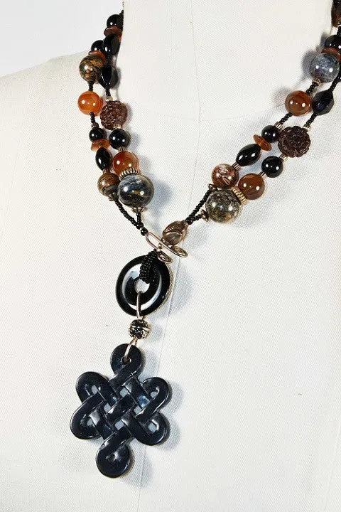 Agate   Glass Beaded Necklace, Adjustable Length Accent Pendant