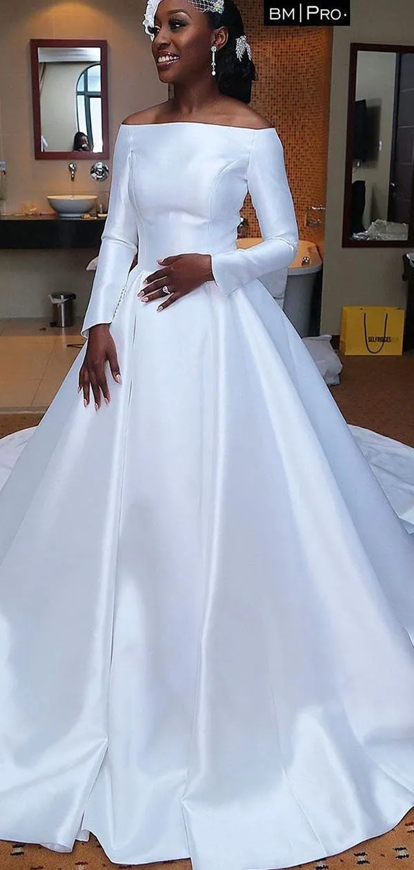 Aline Long Sleeves Satin Simple Formal Vintage Elegant Wedding Dresses WD125