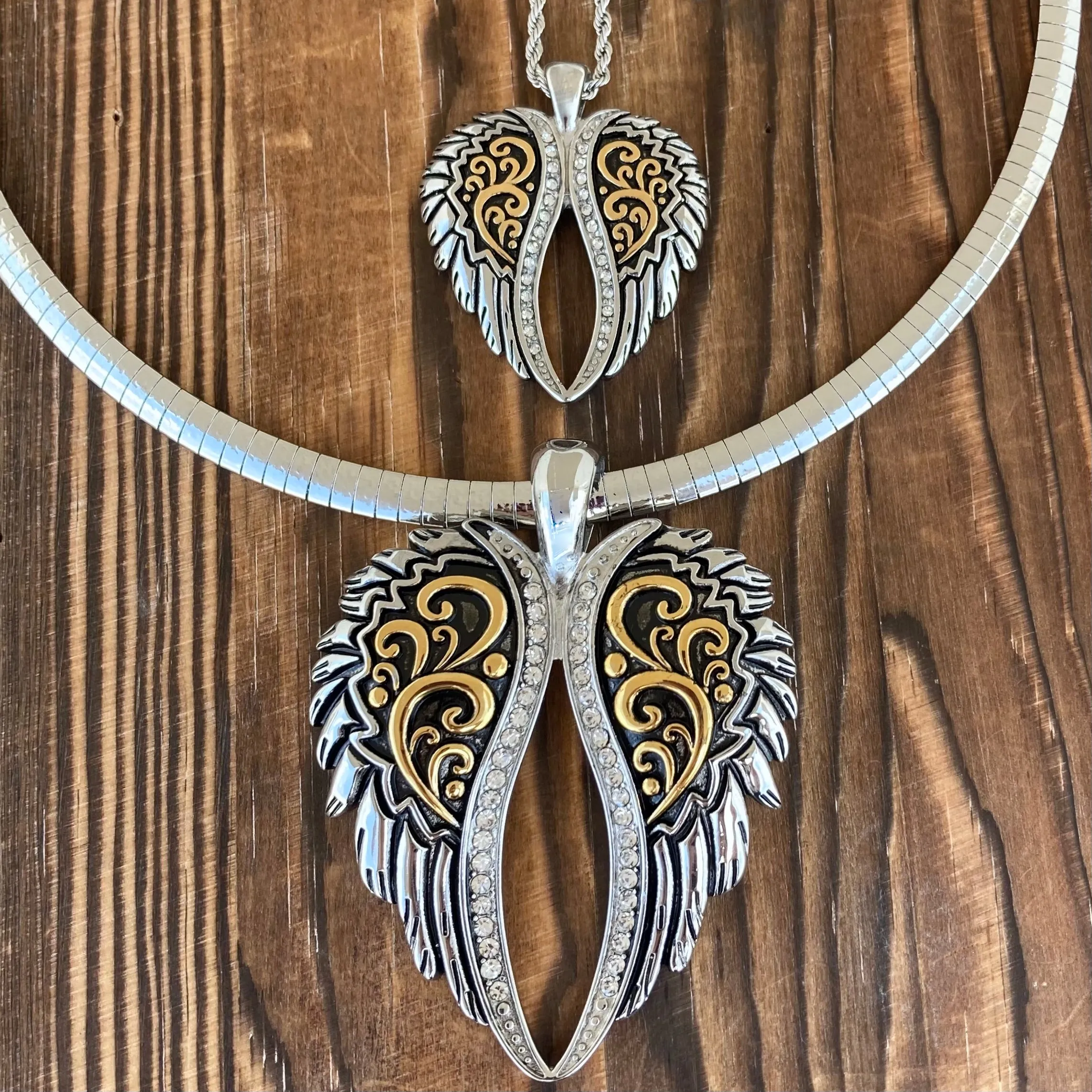 Angel Heart Wings Pendant - Gold/Silver Bling Wings - Classic - Rope Necklace or Omega - LAP033