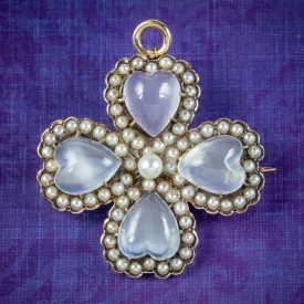 Antique Victorian Moonstone Pearl Heart Four Leaf Clover Brooch 15ct Gold