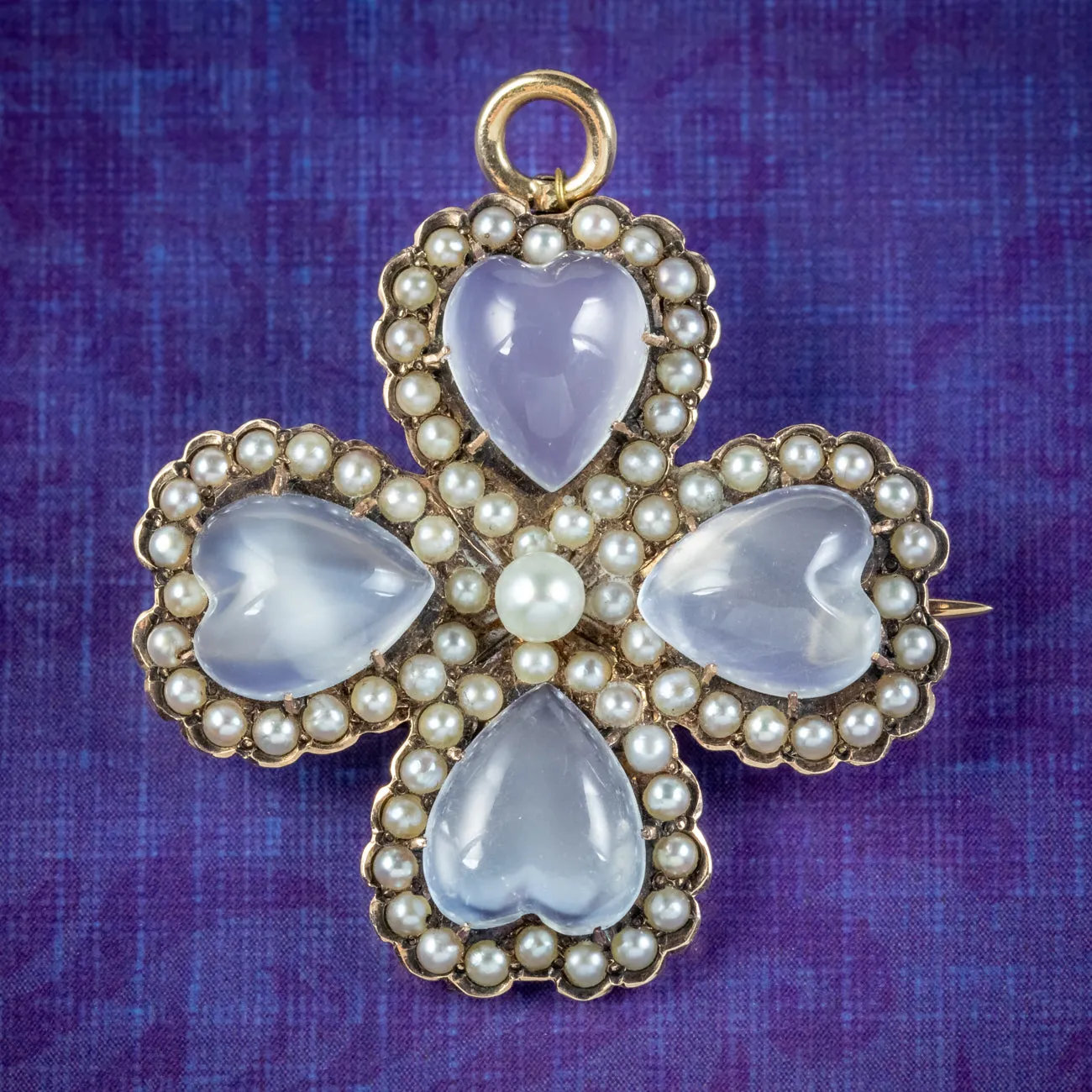 Antique Victorian Moonstone Pearl Heart Four Leaf Clover Brooch 15ct Gold