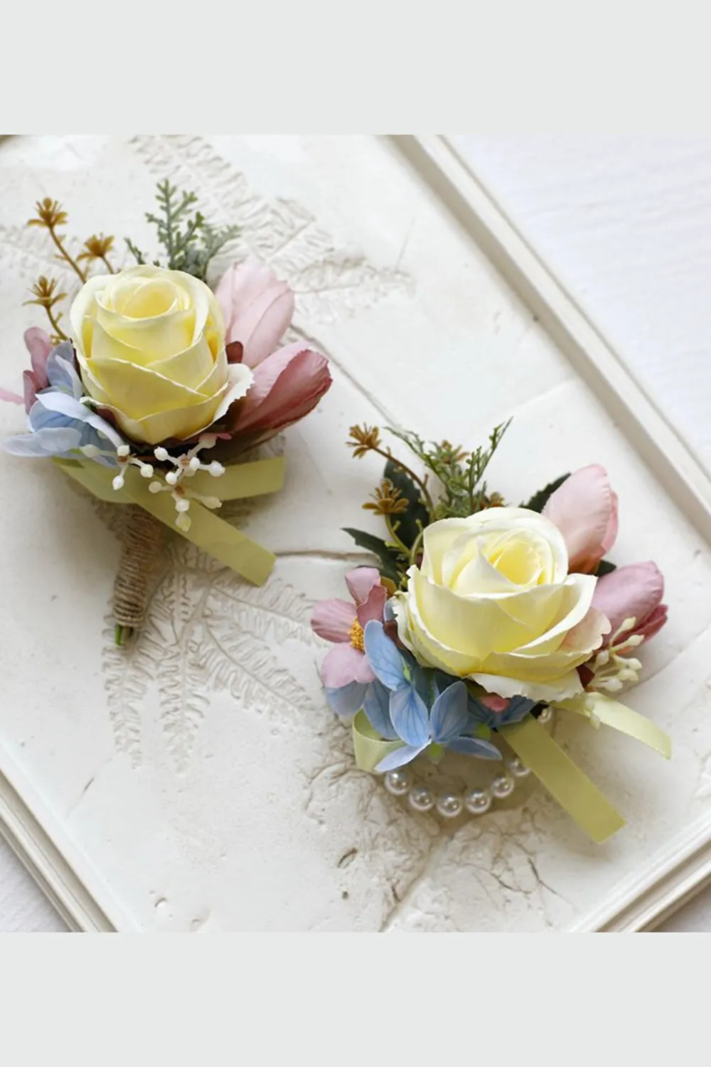 Apricot Prom Wrist Corsage and Men‘s Boutonniere For Wedding