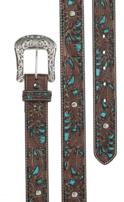 ARIAT Women's Brown Tooled w/ Turquoise Inlay & Silver Buckle Leather Belt