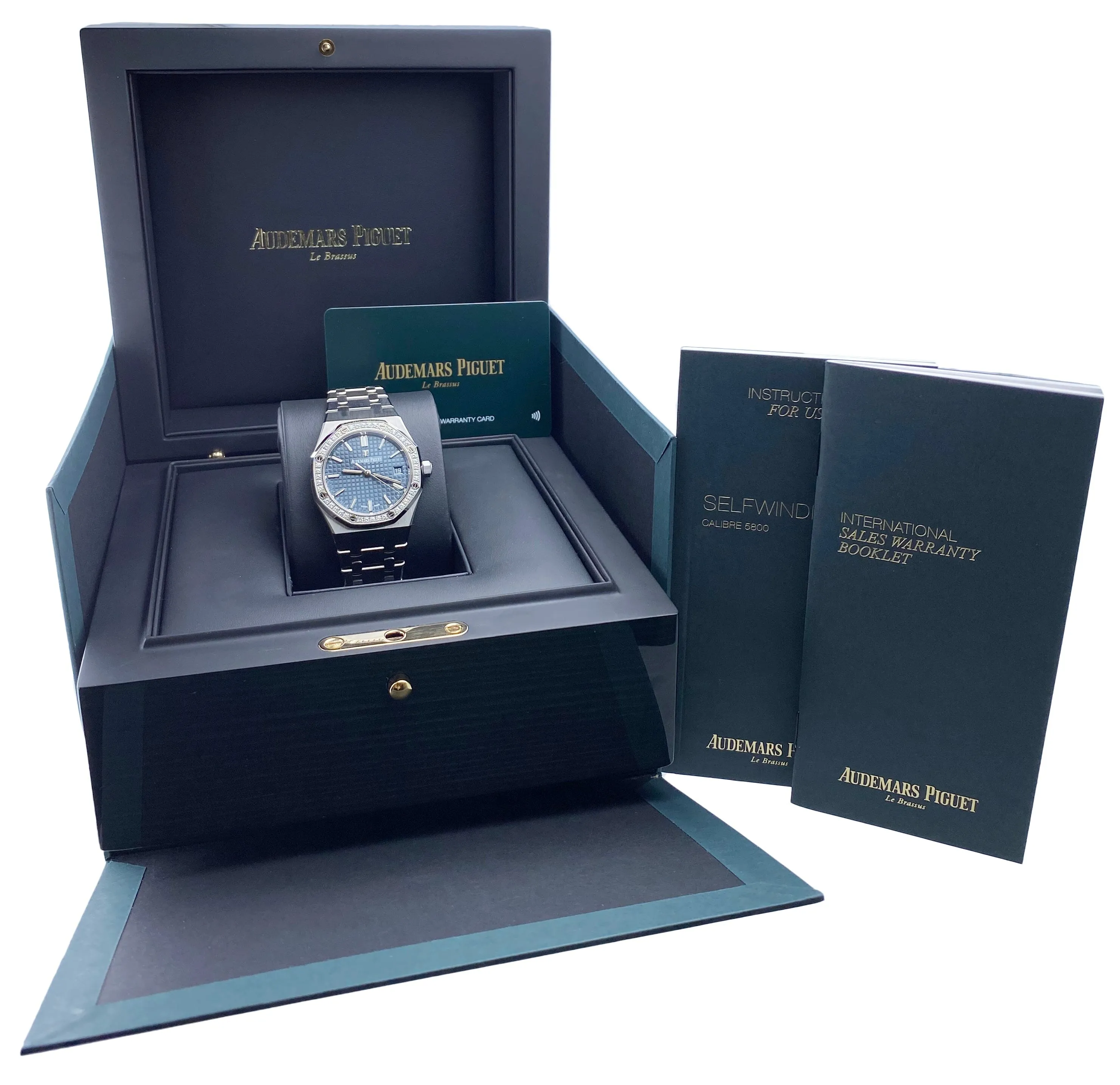 Audemars Piguet Royal Oak 77351ST Diamond Blue Dial Ladies Watch Box Papers