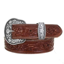 B1026B - Pecan Vintage Floral Tooled Belt