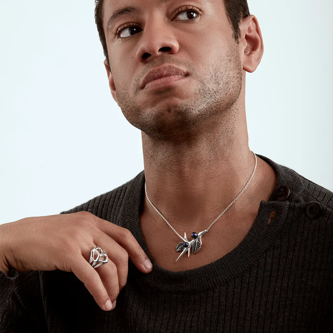 Blackthorn Branch Pendant - Silver, Black Spinel & Black Pearl