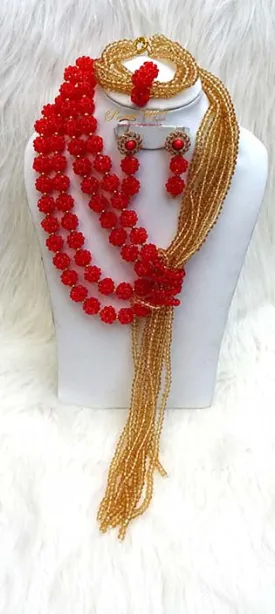 Clearance Sales Red Balls & Gold Crystal Elongated Bridal Party  Jewellery Set