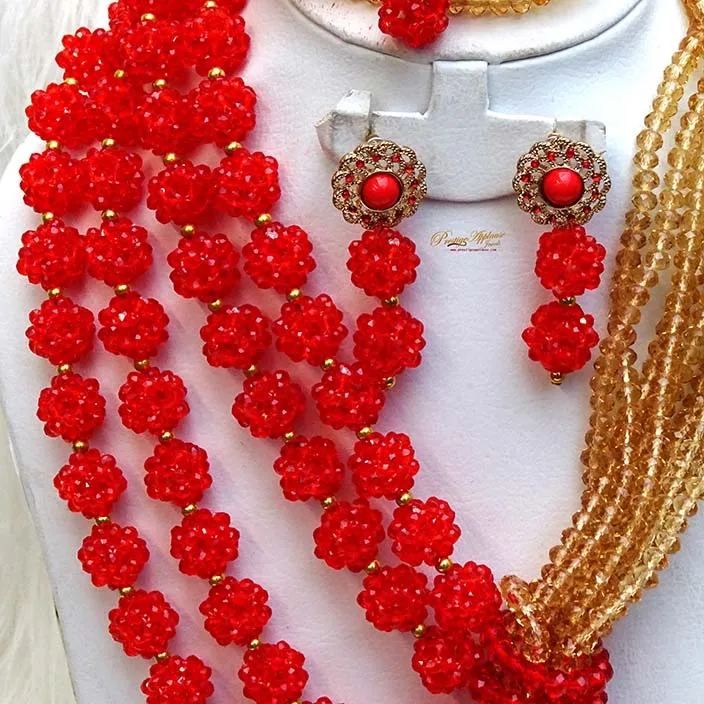 Clearance Sales Red Balls & Gold Crystal Elongated Bridal Party  Jewellery Set