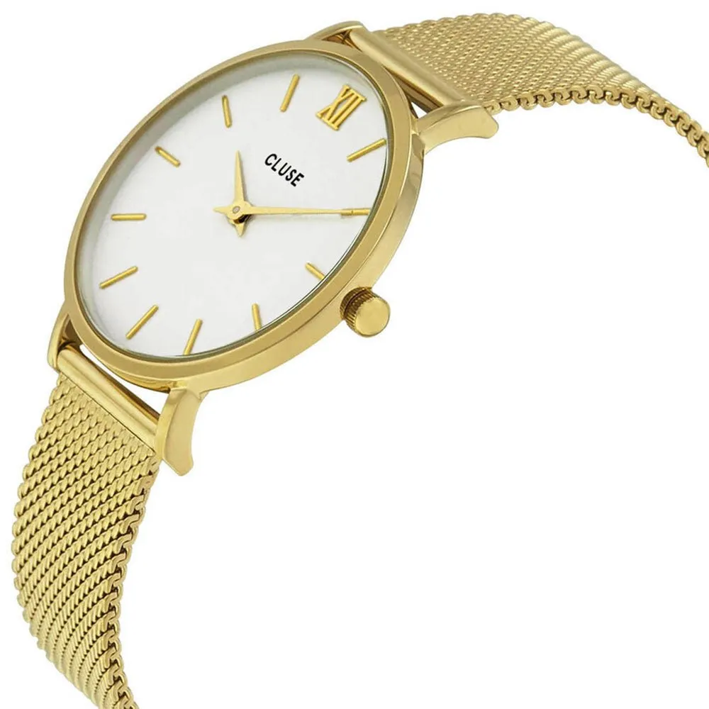 Cluse Minuit Gold Plated Stainless Steel Mesh White Dial Womens Watch CL30010