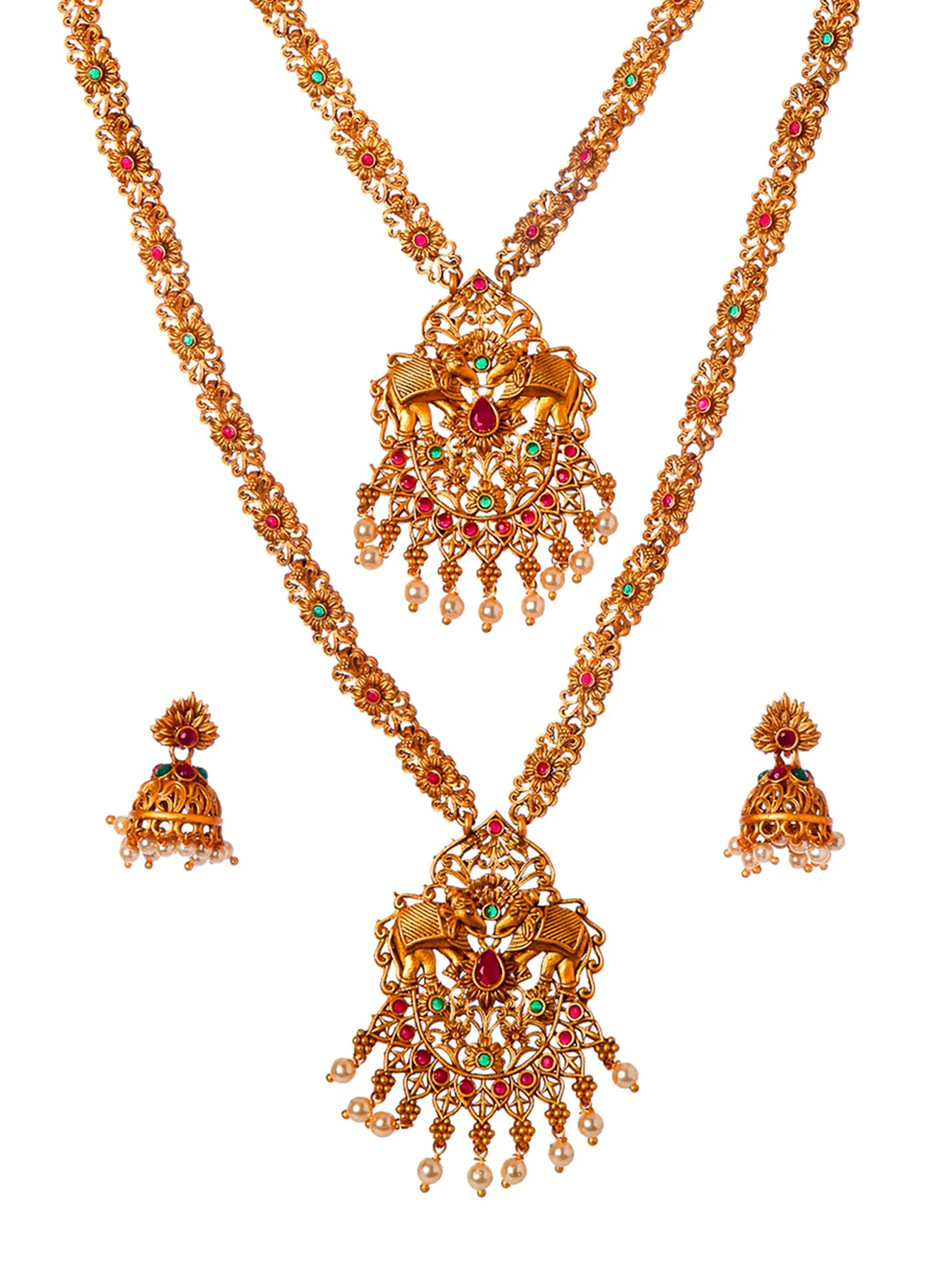 Combo of 2 Red Stone Studded Gold Plated Handcrafted Temple Necklace Set