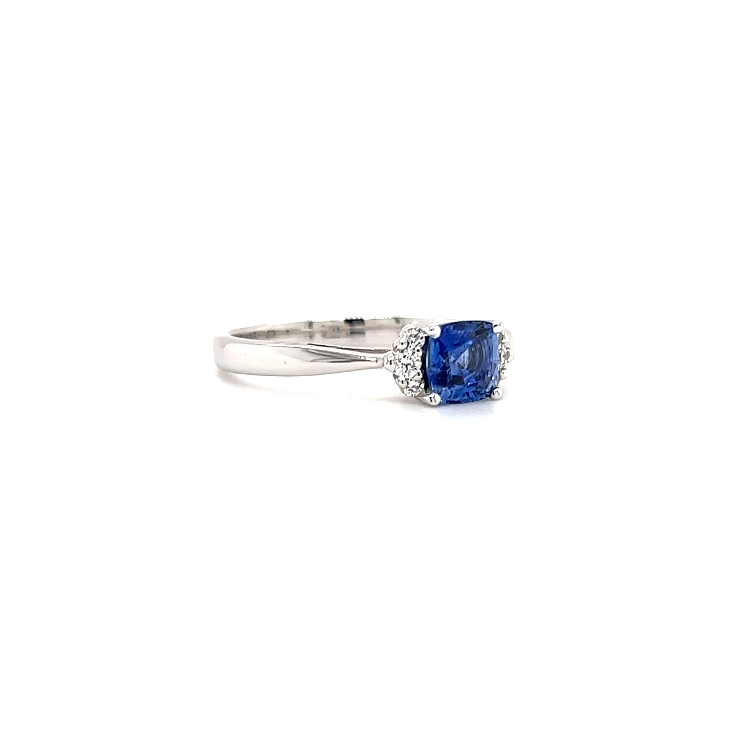 Cushion Sapphire Ring with Six Side Diamonds in 14K White Gold