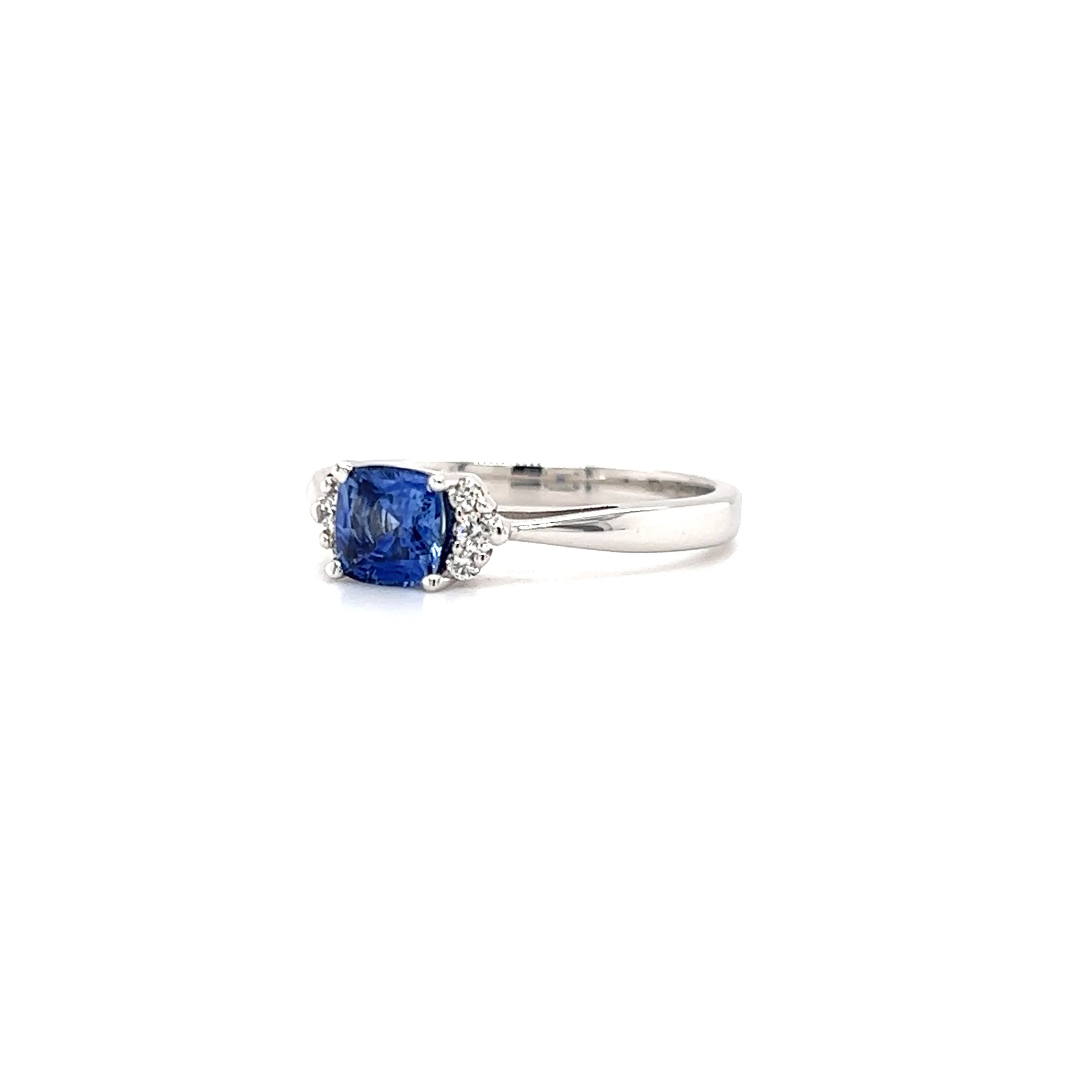 Cushion Sapphire Ring with Six Side Diamonds in 14K White Gold