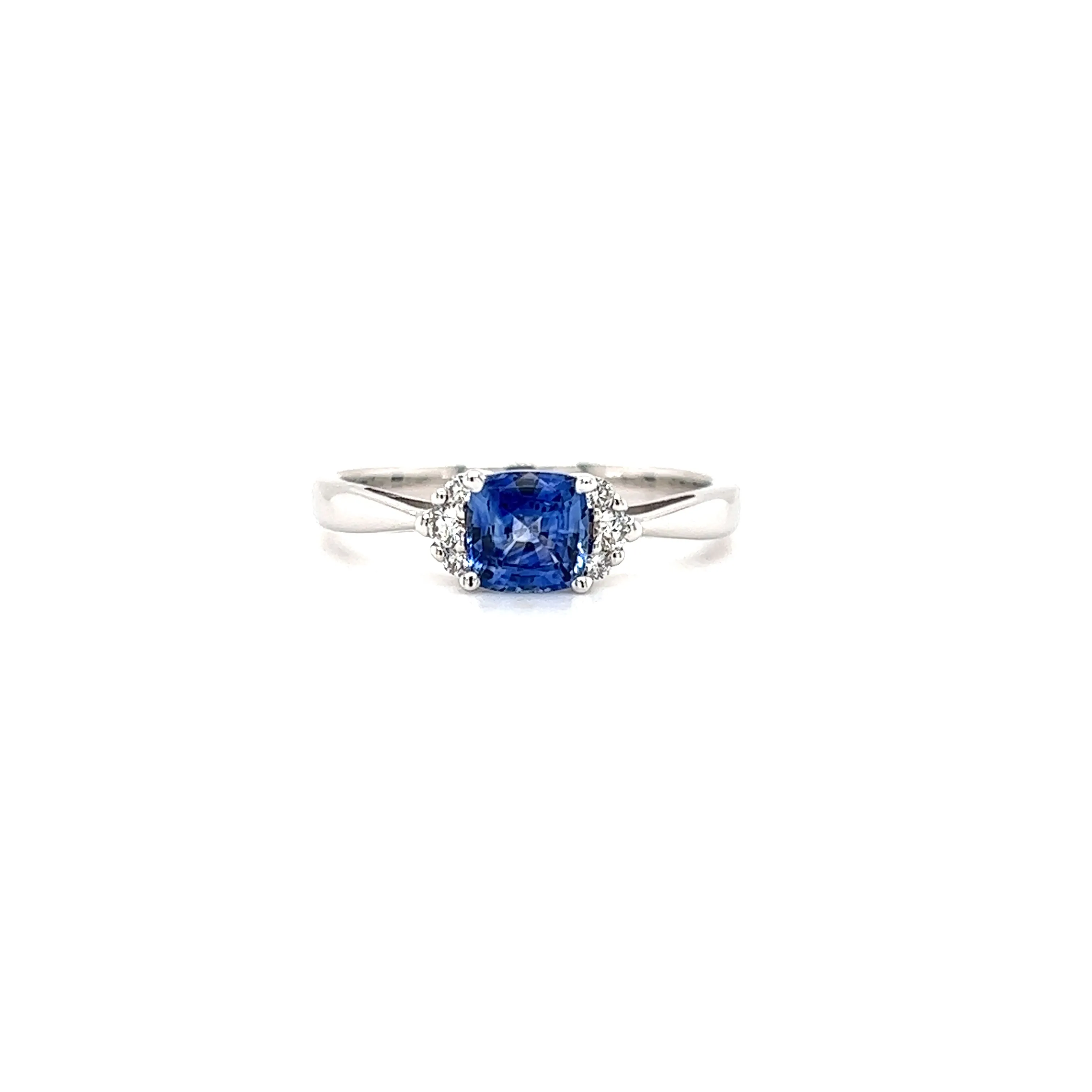 Cushion Sapphire Ring with Six Side Diamonds in 14K White Gold