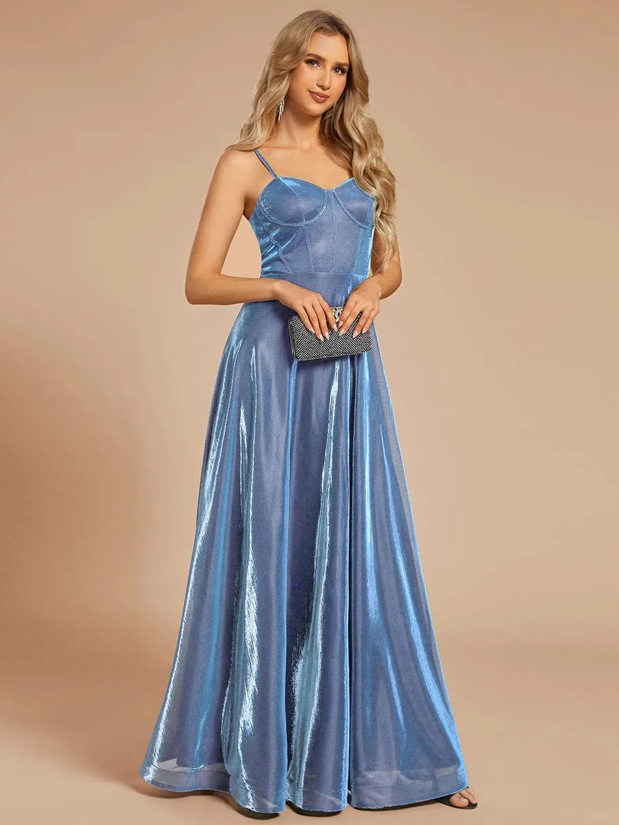 Custom Size Iridescent Mesh Spaghetti Strap V-neck A-line Prom Dress