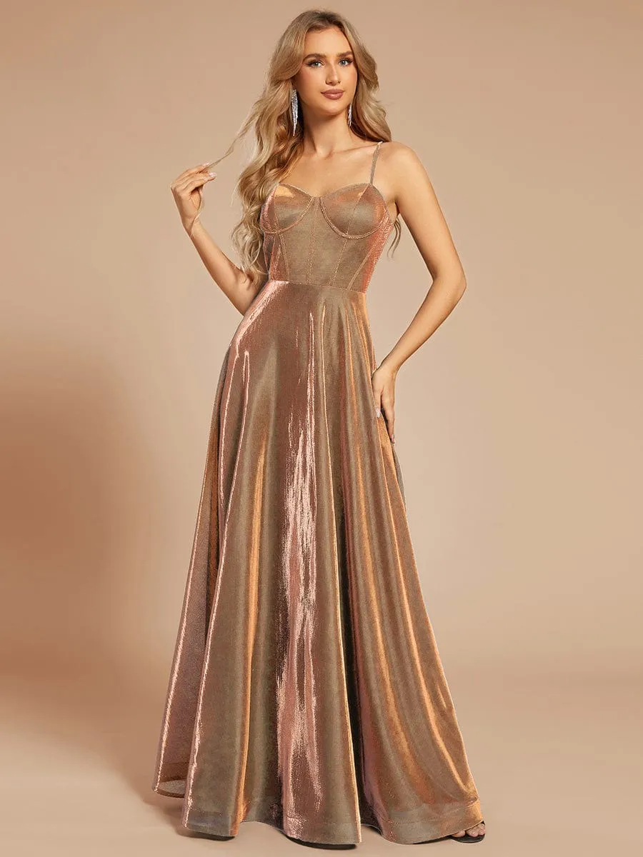 Custom Size Iridescent Mesh Spaghetti Strap V-neck A-line Prom Dress