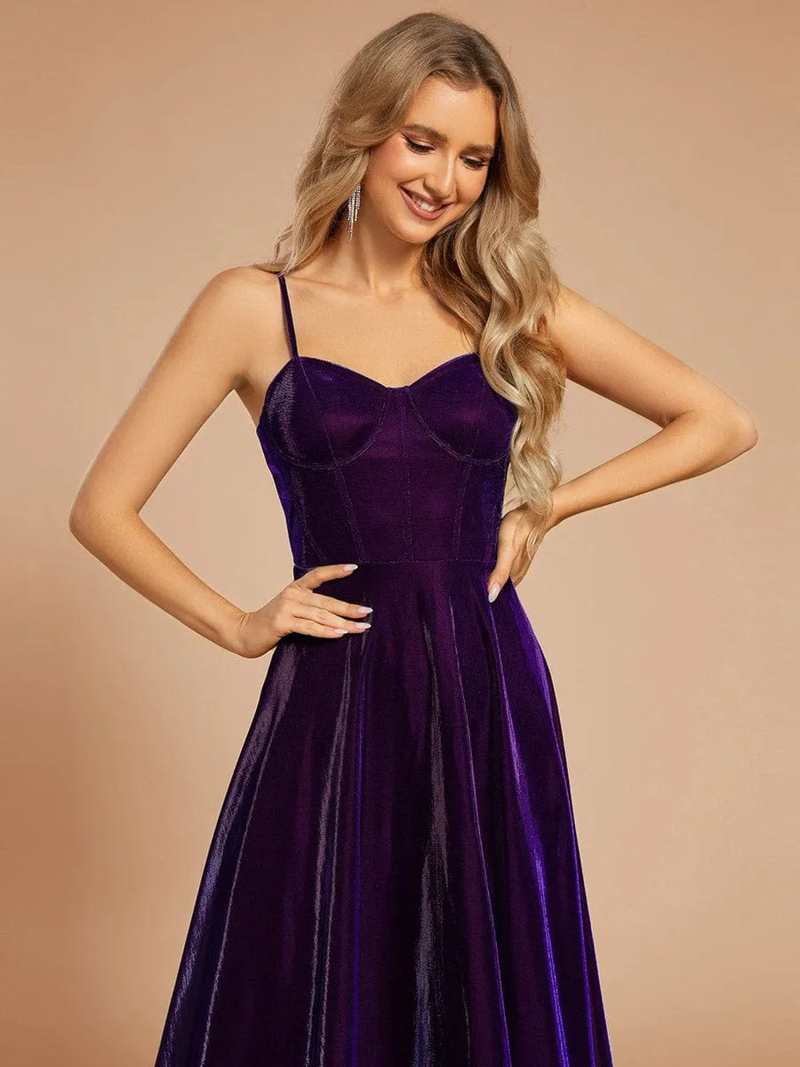 Custom Size Iridescent Mesh Spaghetti Strap V-neck A-line Prom Dress